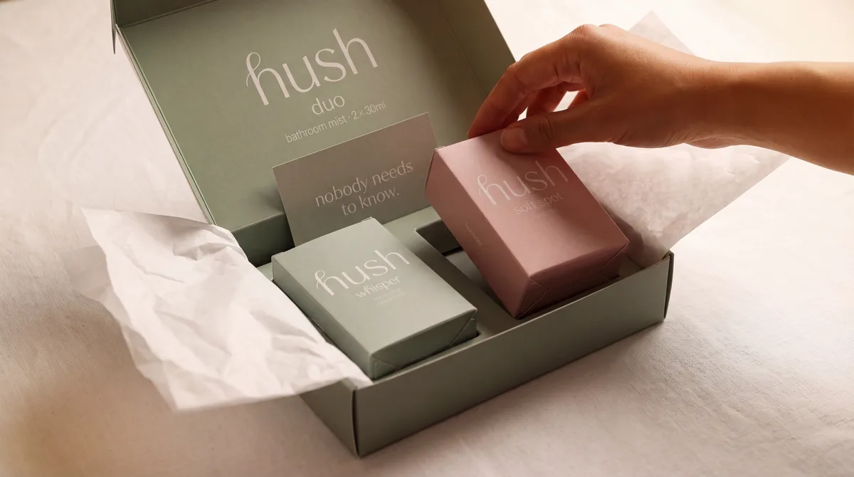 A Hush Duo carton opened on cream linen — Whisper box, Soft Spot box, and the sage card nested inside